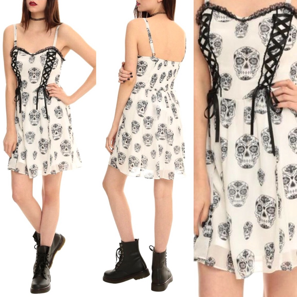 Royal Bones White Black Skull Goth Punk Lace-Up Spaghetti Strap Mini Dress